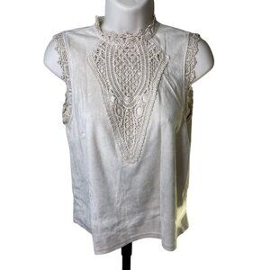  Womens Sleeveless Suede Shirt Lace Embellished Front Beige Top Blouse Size M U